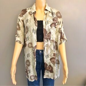 Vintage 100% Silk Floral Tropical Pattern Festival Relaxed Fit Shirt Blouse